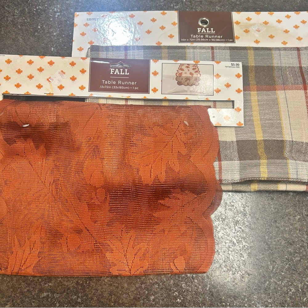 Fall Table Runner Bundle Brown/Orange Plaid, Burnt Orange Leaf Lace Thanksgiving
